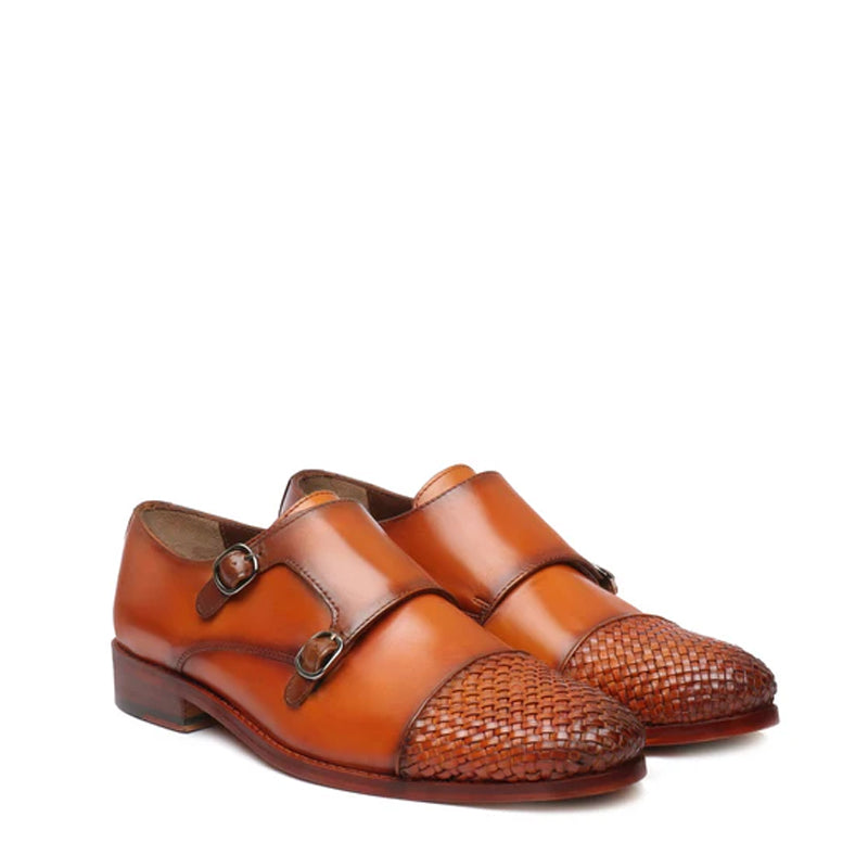 Double Monk Woven Leather Cap Toe Tan Shoe