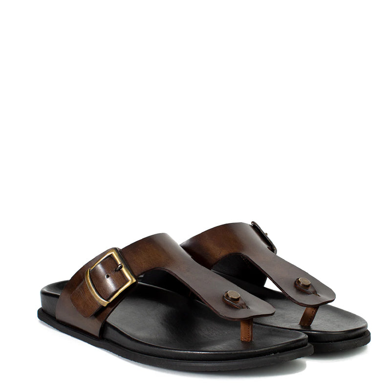Men Slip On Leather Tan Buckle Sandal