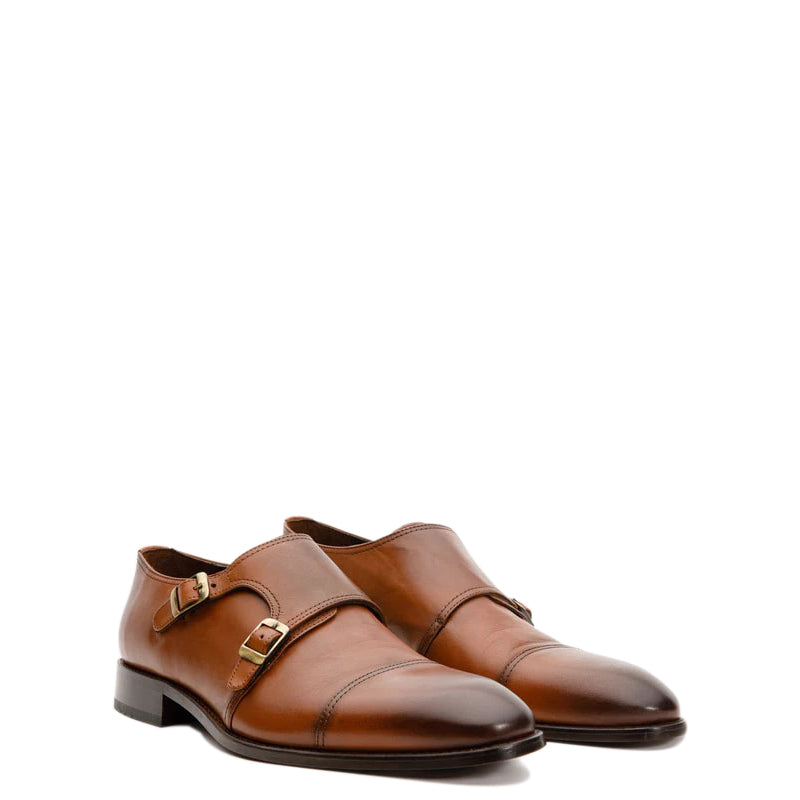 Black Leather Cap Toe Double Monk Strap Men Shoe