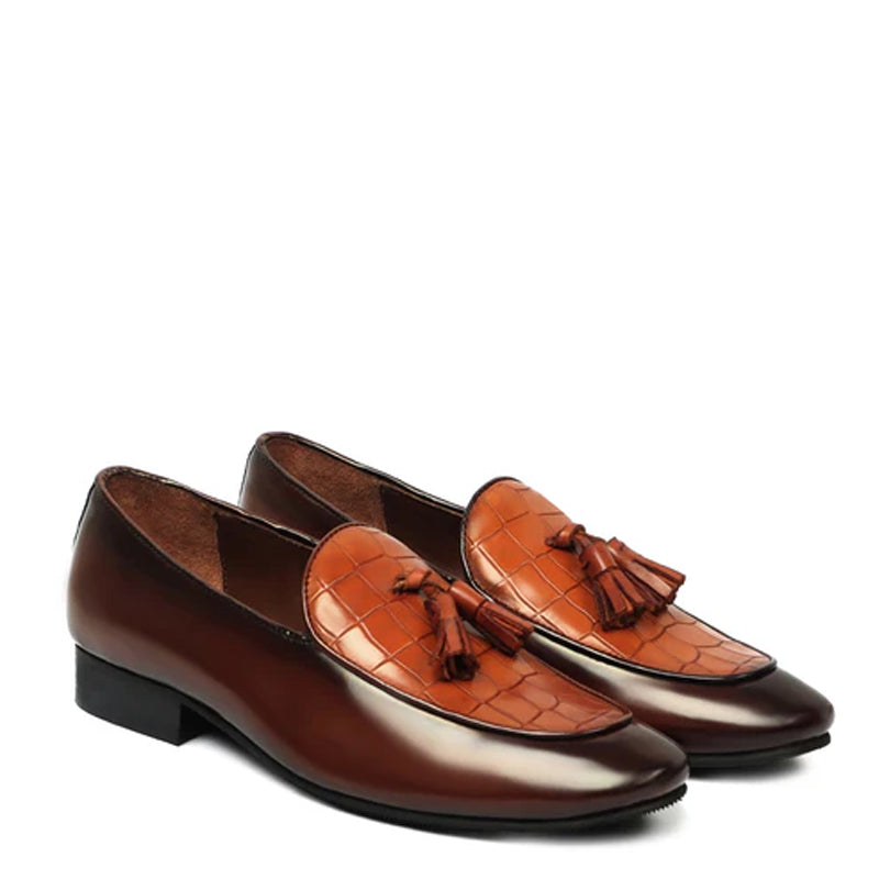 Croco Leather Tassel Black Loafer With Deep Cut