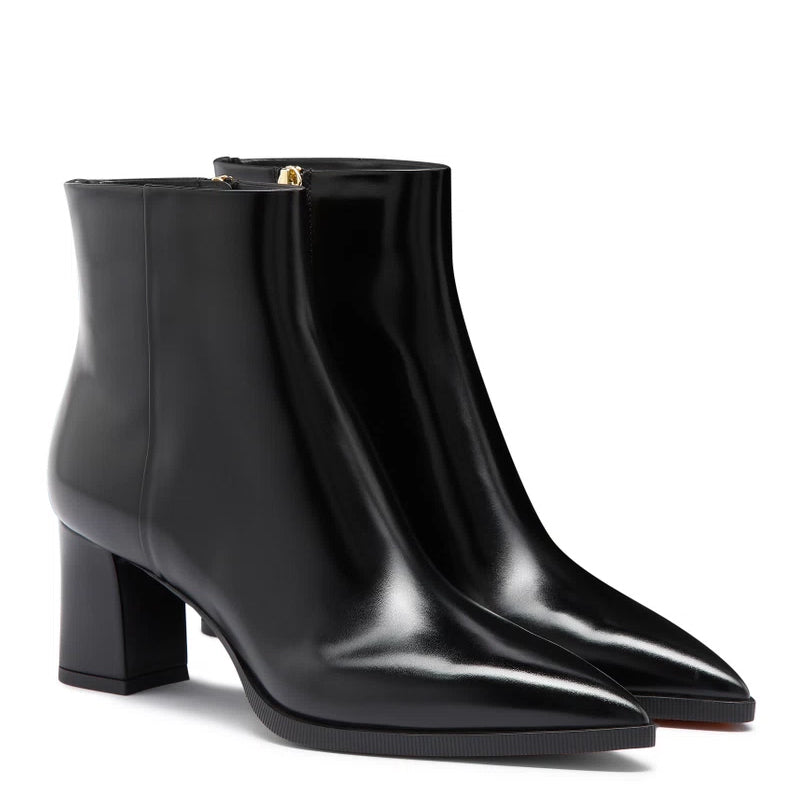 Polished Leather Mid Heel Side Zipper Black Boot