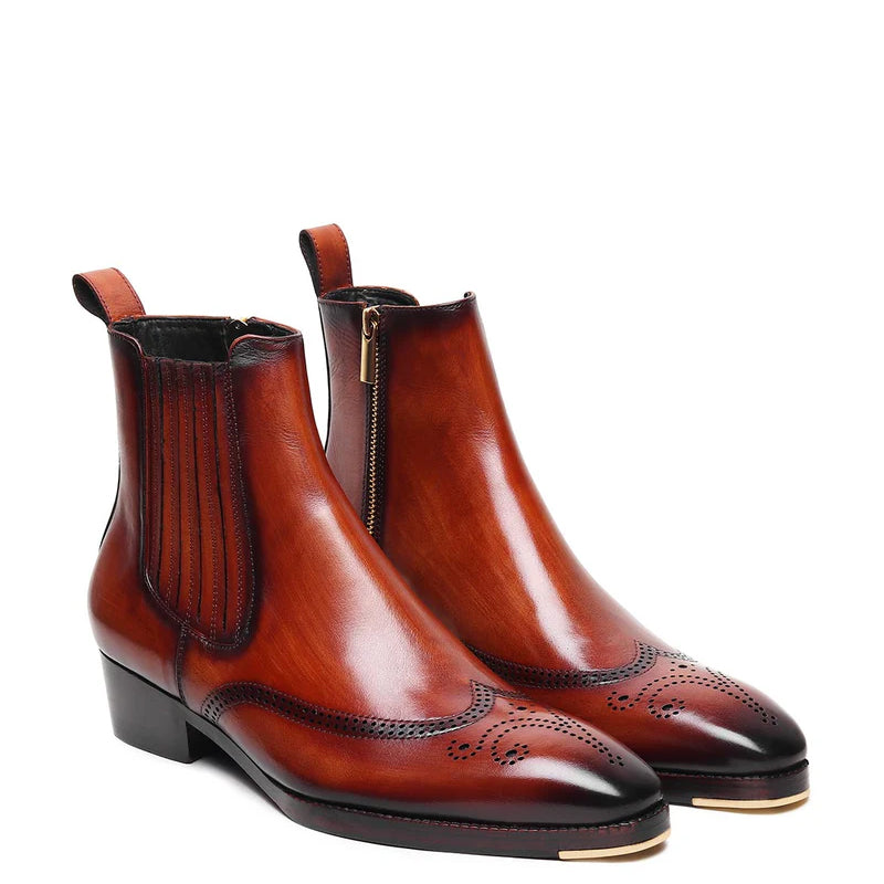 Men Leather Wingtip Side Zipper Chelsea Boots