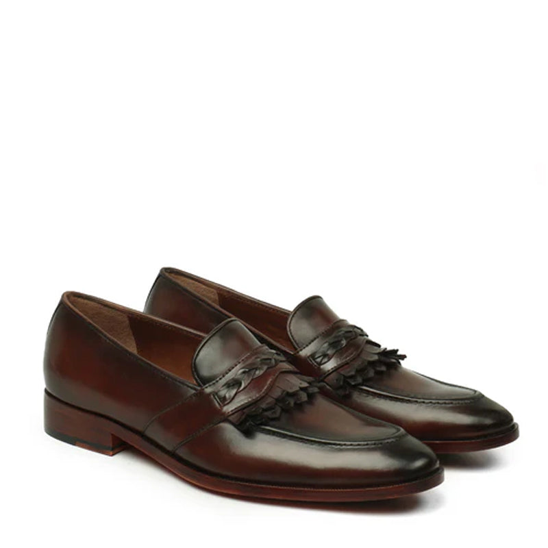 Patent Leather Slip-On Brown Loafer With Dual Fringes