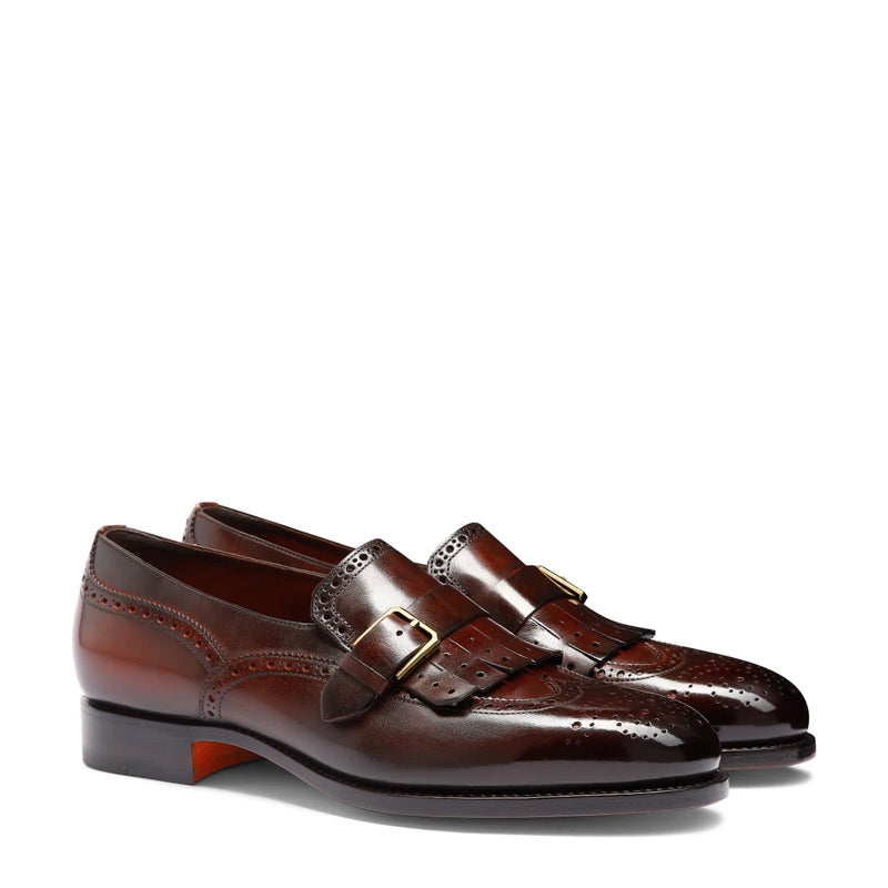 Handmade Leather Single Buckle Tan Loafer With Fringe