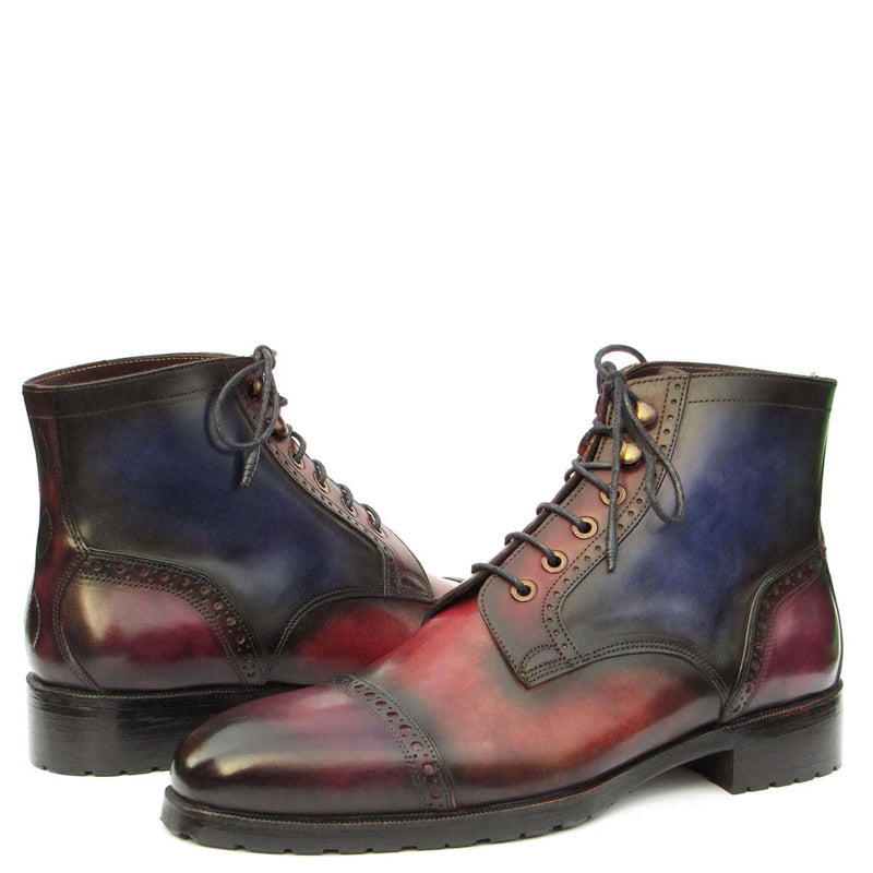 Hand Painted Leather Lace Up Cap Toe Boots
