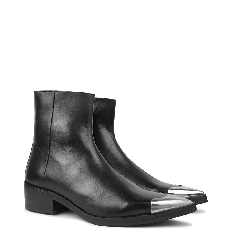 Metallic Toe Premium Leather Side Zipper Black Boot