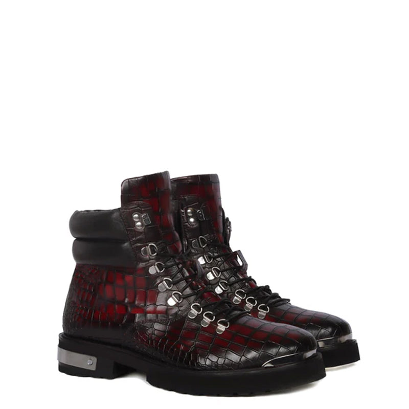 Croco Deep Cut Leather Lace-UP Ankle Boot