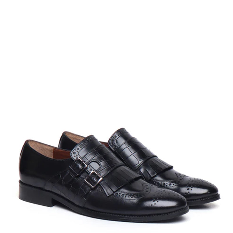 Croco Textured Double Monk Brown Shoe with Fringes