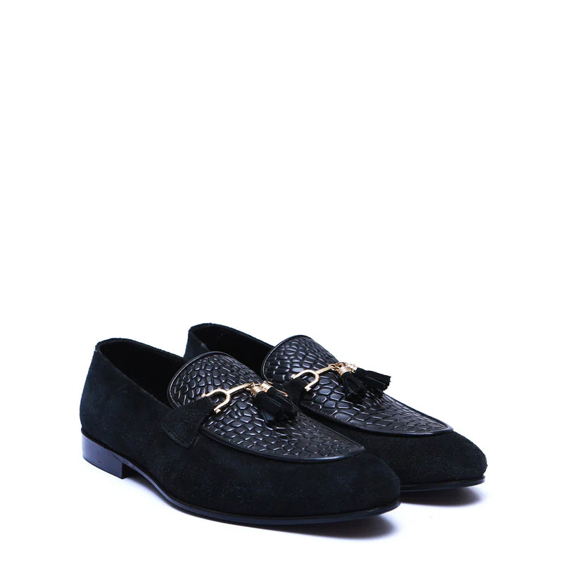 Pure Suede Leather Tassel Black Loafer With Gold Buckle