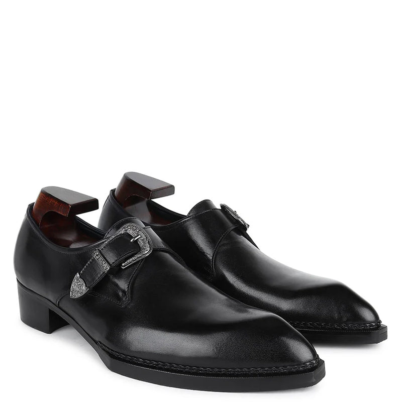 Plain Leather Single Monk Dark Blue Shoe With Side Buckle