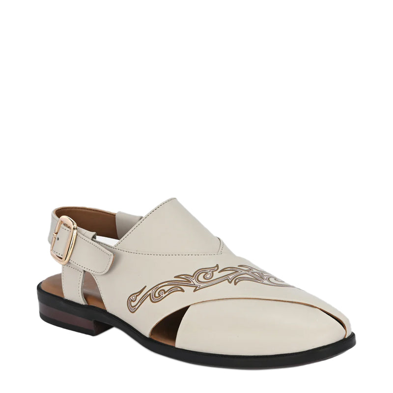 Back Strap Handpainted Leather Peshawari Off White Sandal