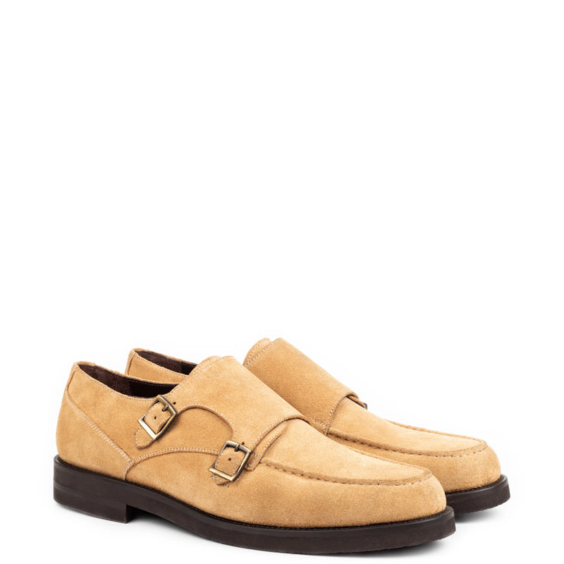 Men Suede Leather Double Monk Straps Tan Shoe