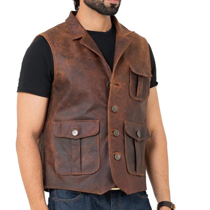 Men Slim Fit Half Sleeve Leather Jacket