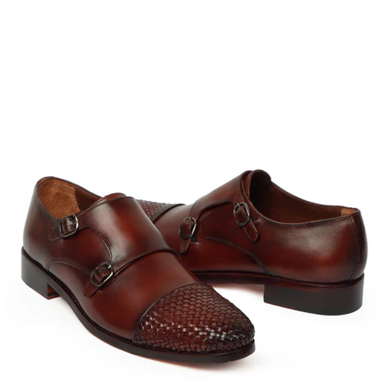 Double Monk Woven Leather Cap-Toe Tan Shoe