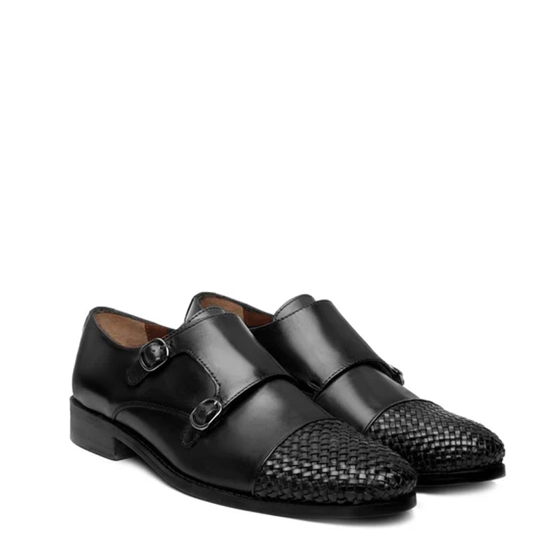 Double Monk Woven Leather Cap-Toe Tan Shoe