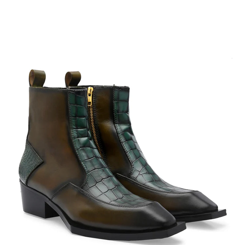 Luxury Croco Textured Leather Side Zipper Boot Green and Brown