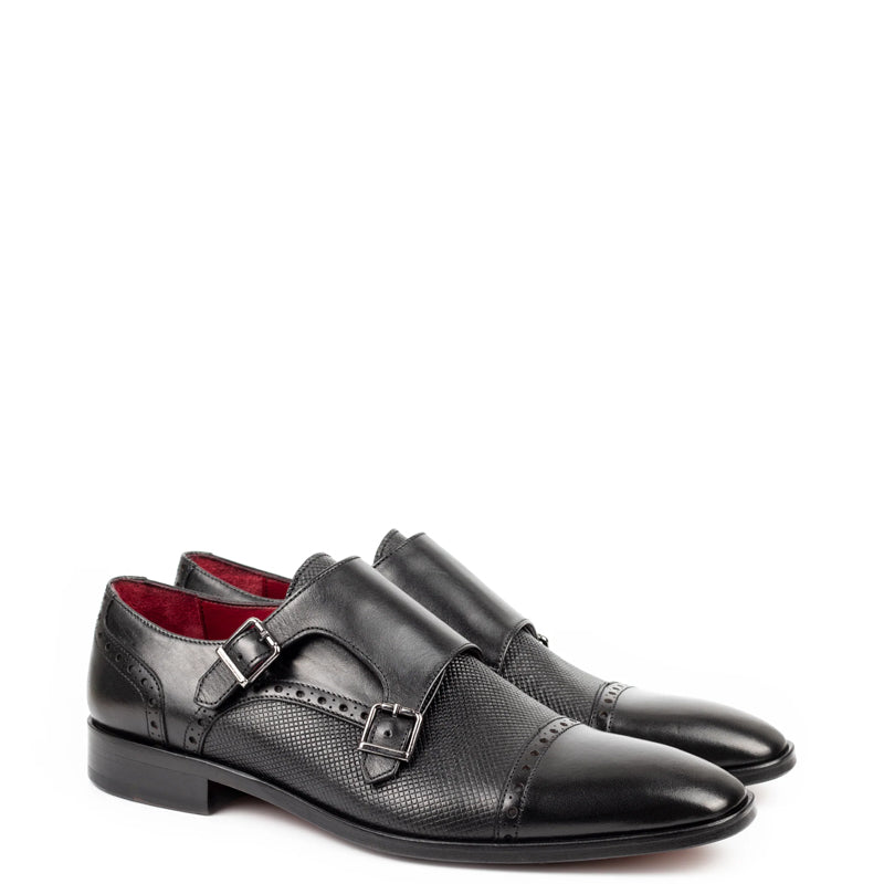 Handmade Polished Shiny Leather Stylish Double Monk Shoe Black