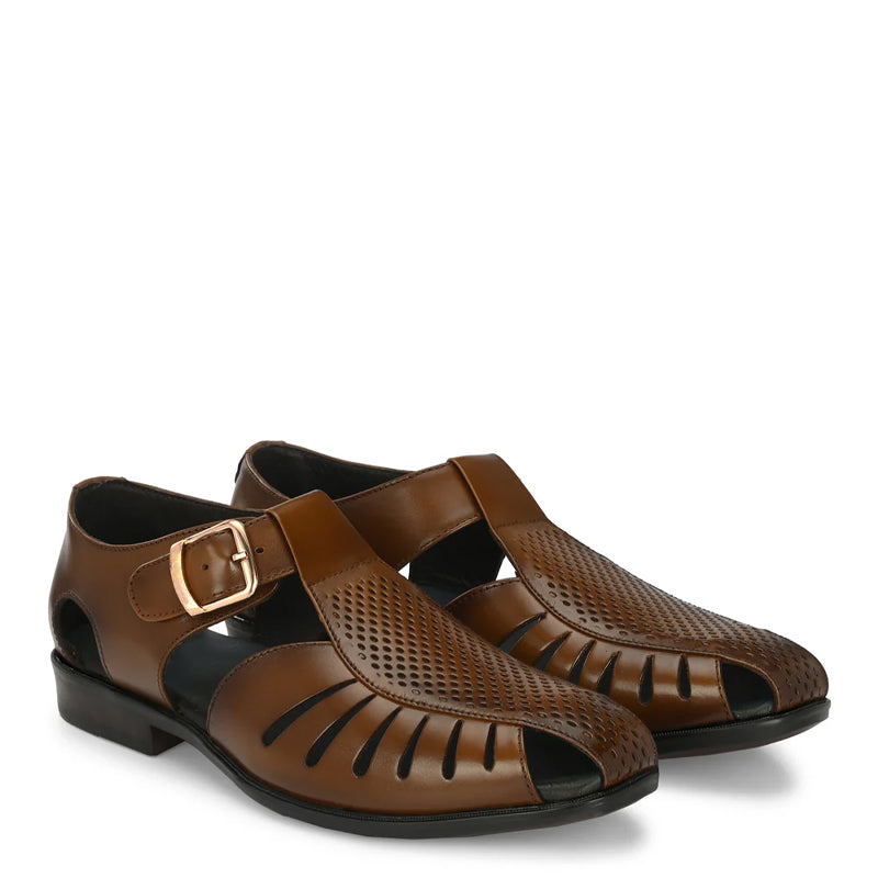Men Slip-On Leather Brown Sandal With Buckle Accent