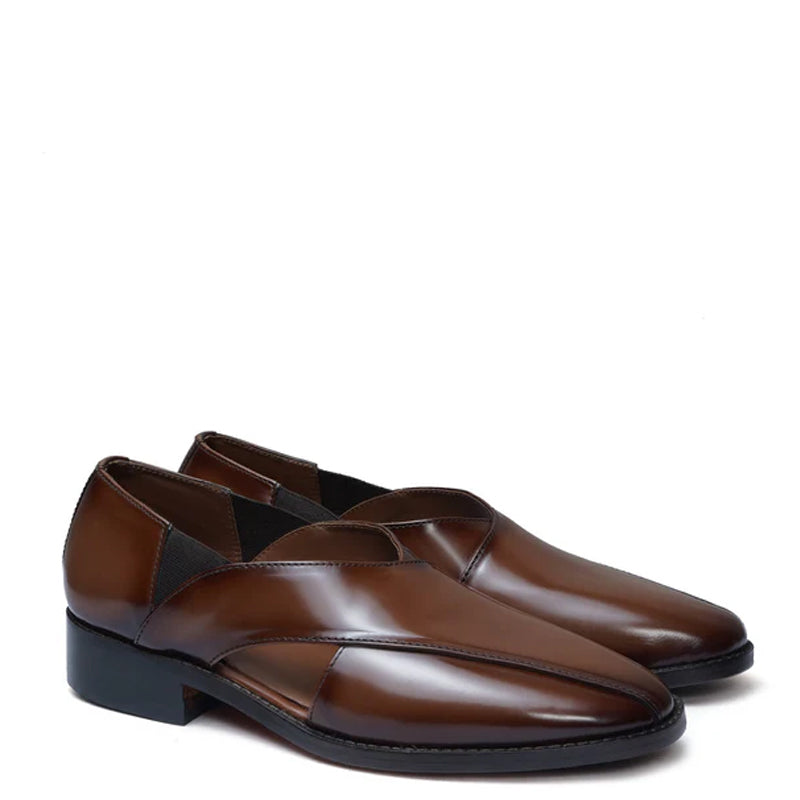 Leather Cross Strap Slip-On Comfort Peshawari Brown Sandal