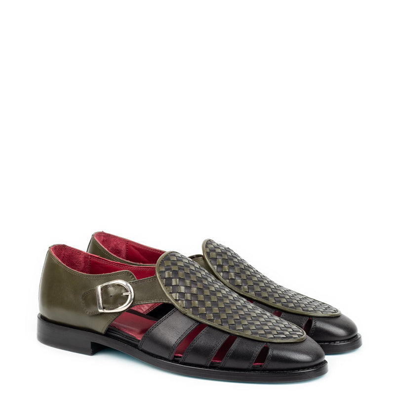 Men Green/Black Textured Leather Peshawari Comfort Sandals