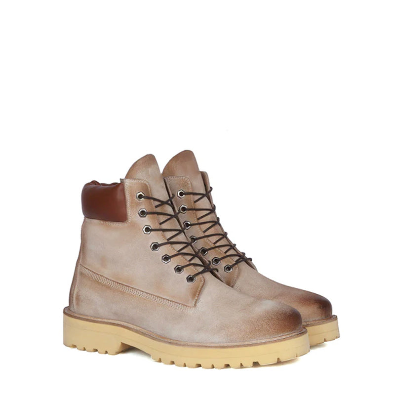 Suede Leather Lace Up Biker Beige Boot