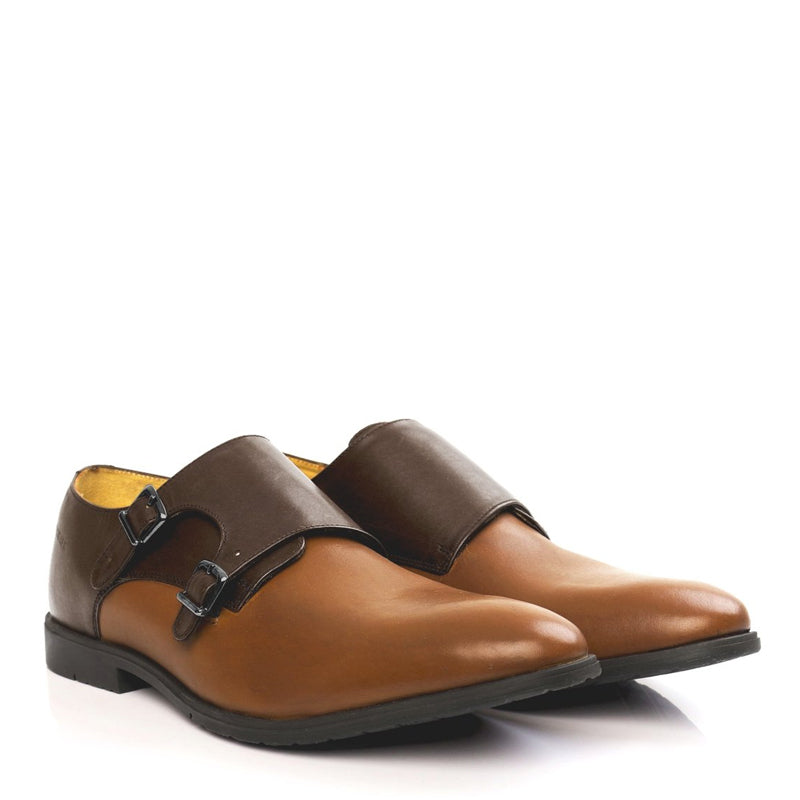 Leather Double Monk Strap Grey and Black Shoe For Men