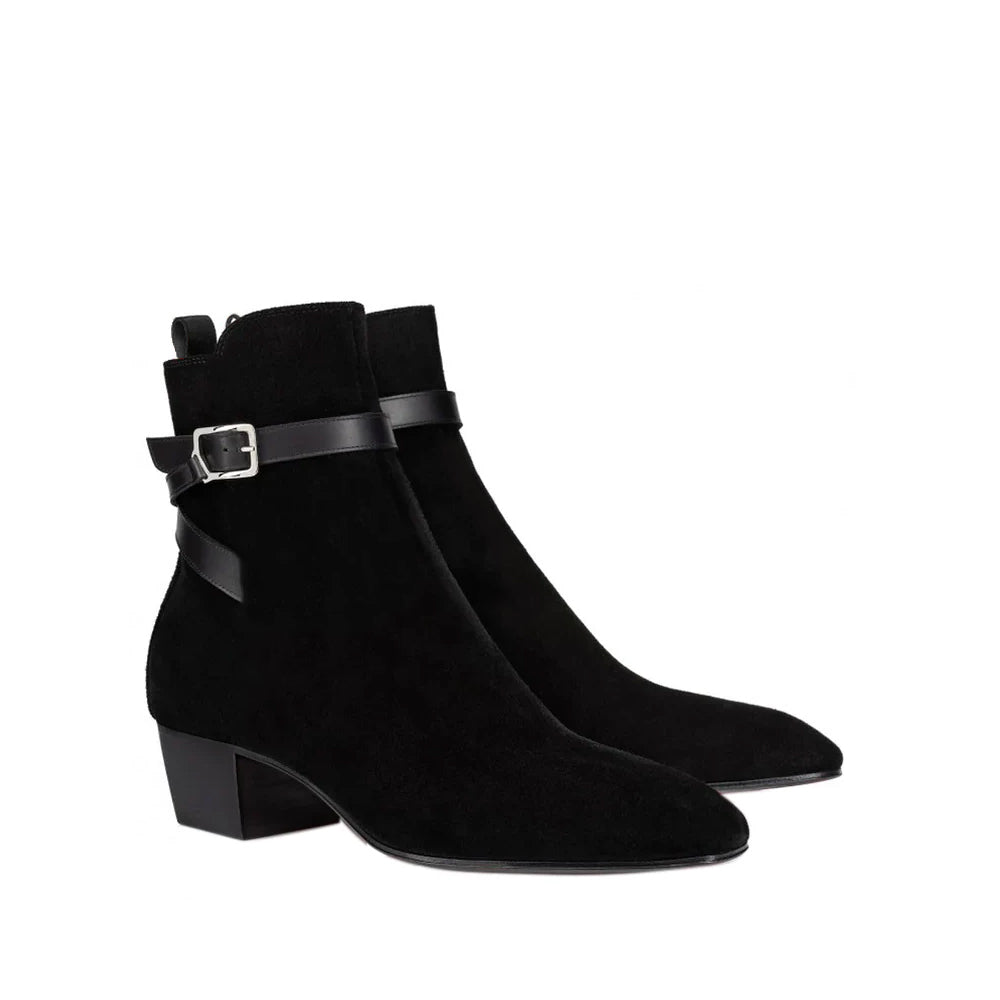 Suede Ankle Pointed Toe Boots With Buckle Strap