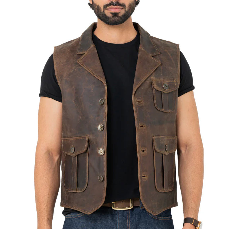 Men Slim Fit Half Sleeve Leather Jacket