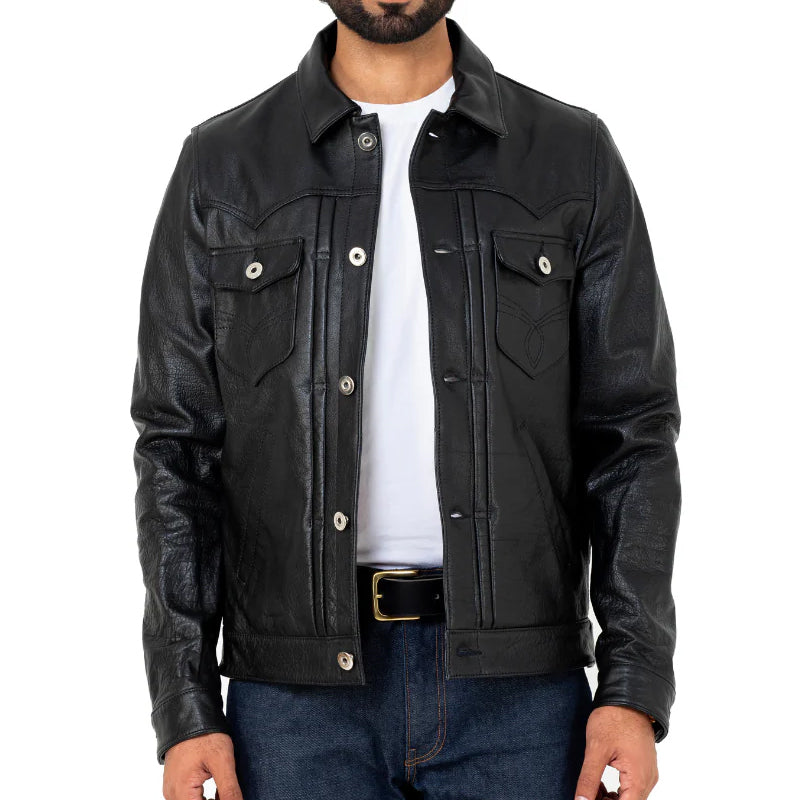 Men Solid Leather Trucker Jacket