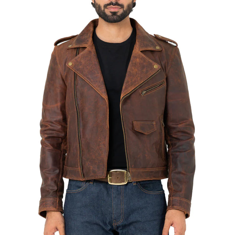 Men Solid Slim Fit Leather Biker Jacket