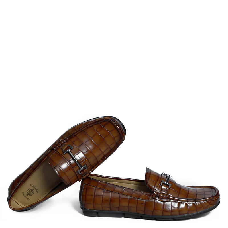 Croco Pattern Leather Horsebit Buckled Black Loafer