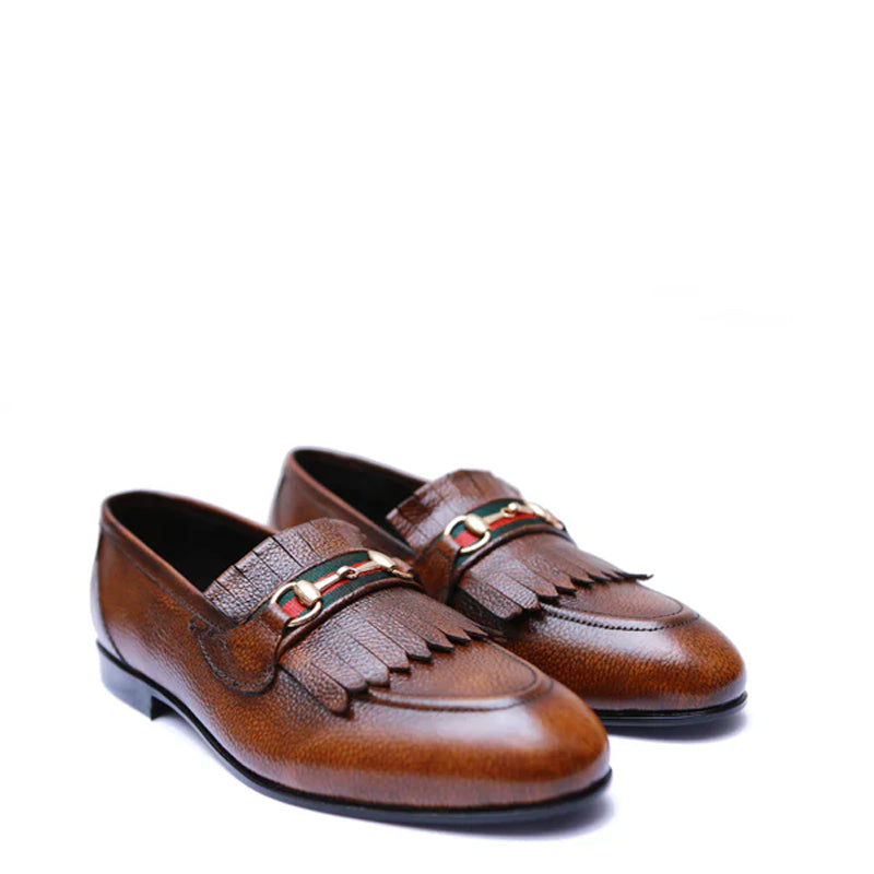 Men Handmade Solid Leather Buckled Tan and Brown Loafer