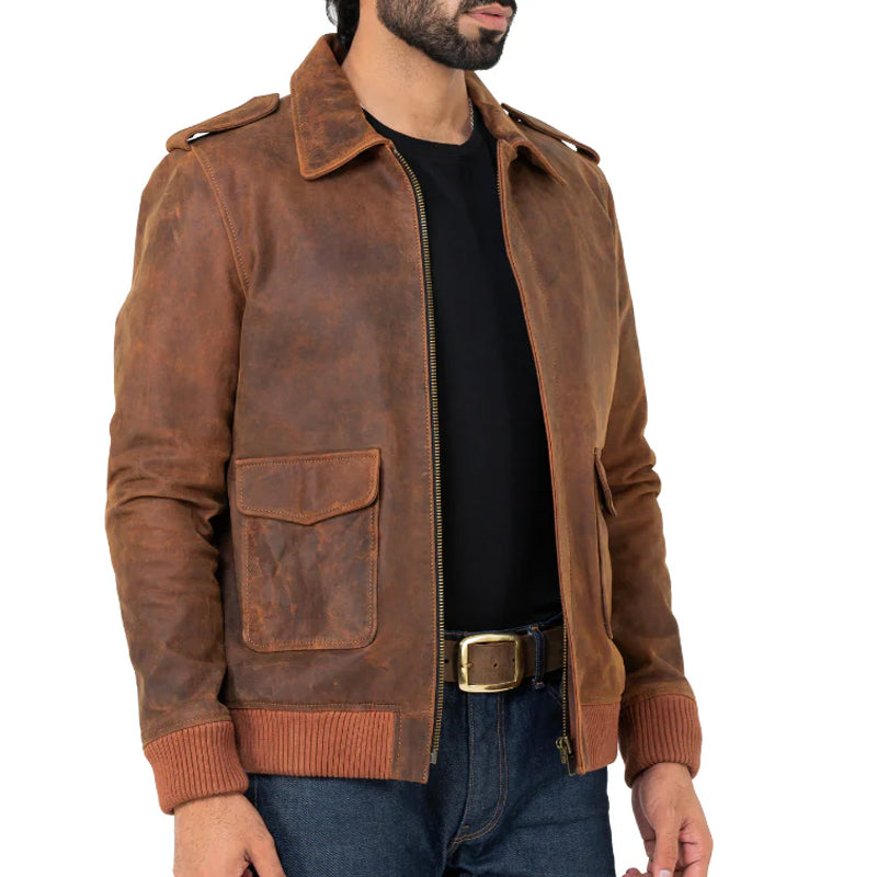 Men Solid Slim Fit Leather Bomber Jacket