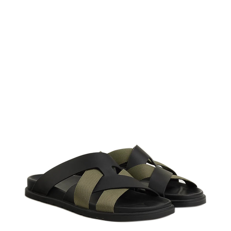 Men Textured Leather Comfort Black Green Sandal