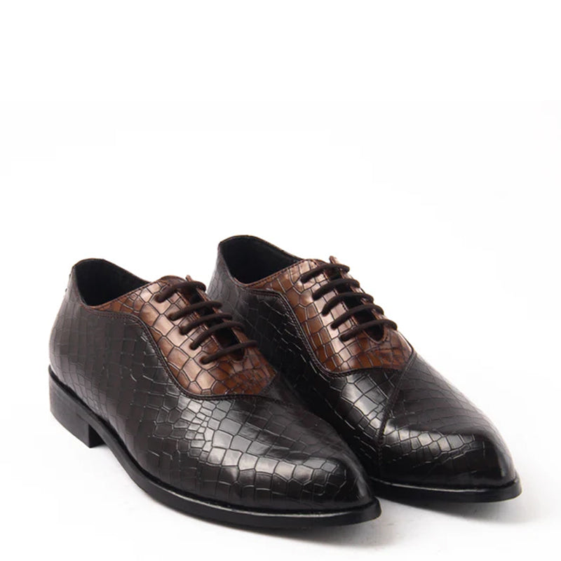 Classic Croco Pointed Toe Lace Ups Oxford Shoe Tan and Brown