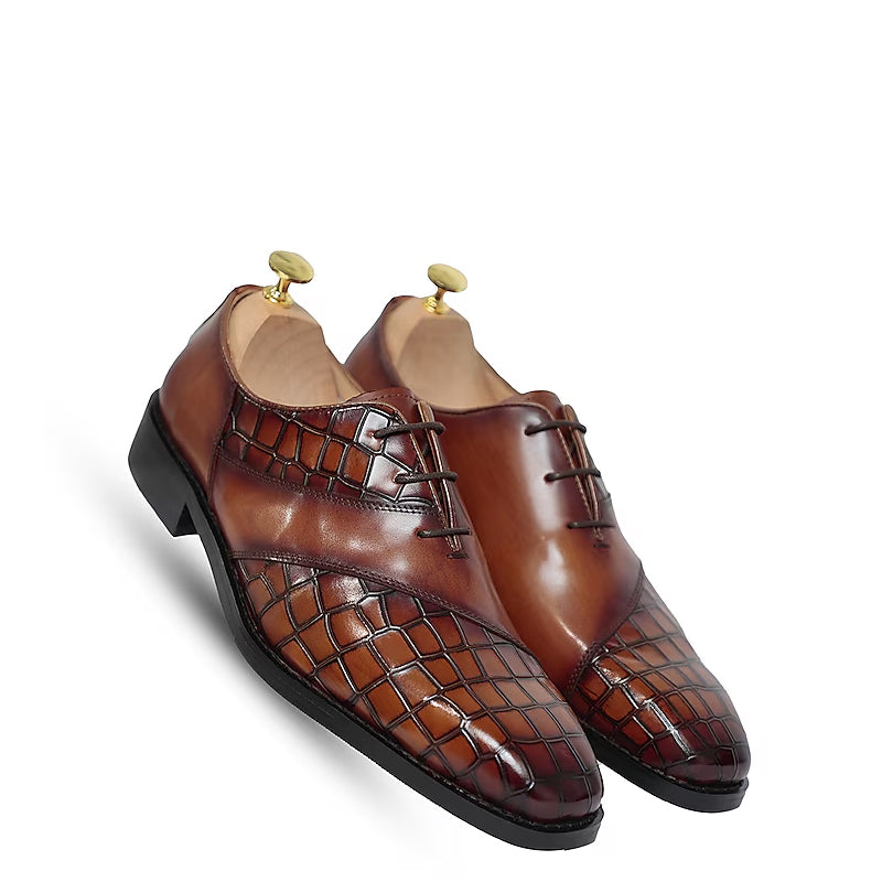 Croco Textured Leather Lace Up Oxford Shoes