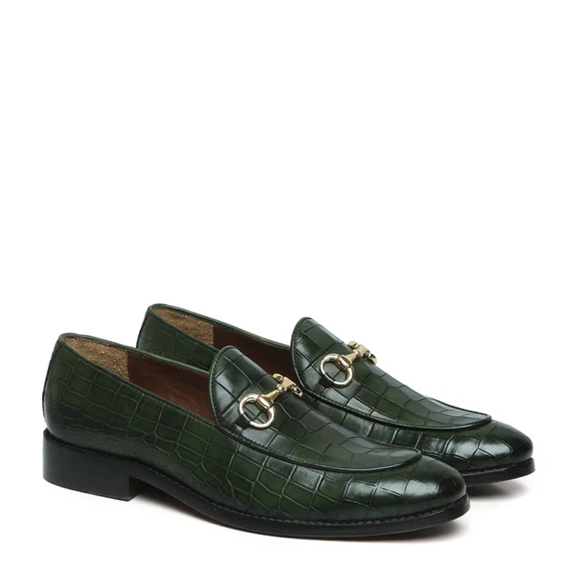 Croco Deep Cut Horse-bit Buckled Leather Dark Brown Loafer