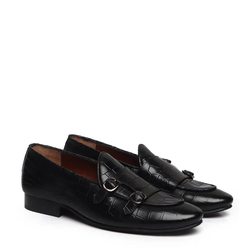 Deep Cut Croco Double Monk Black Shoe For Men