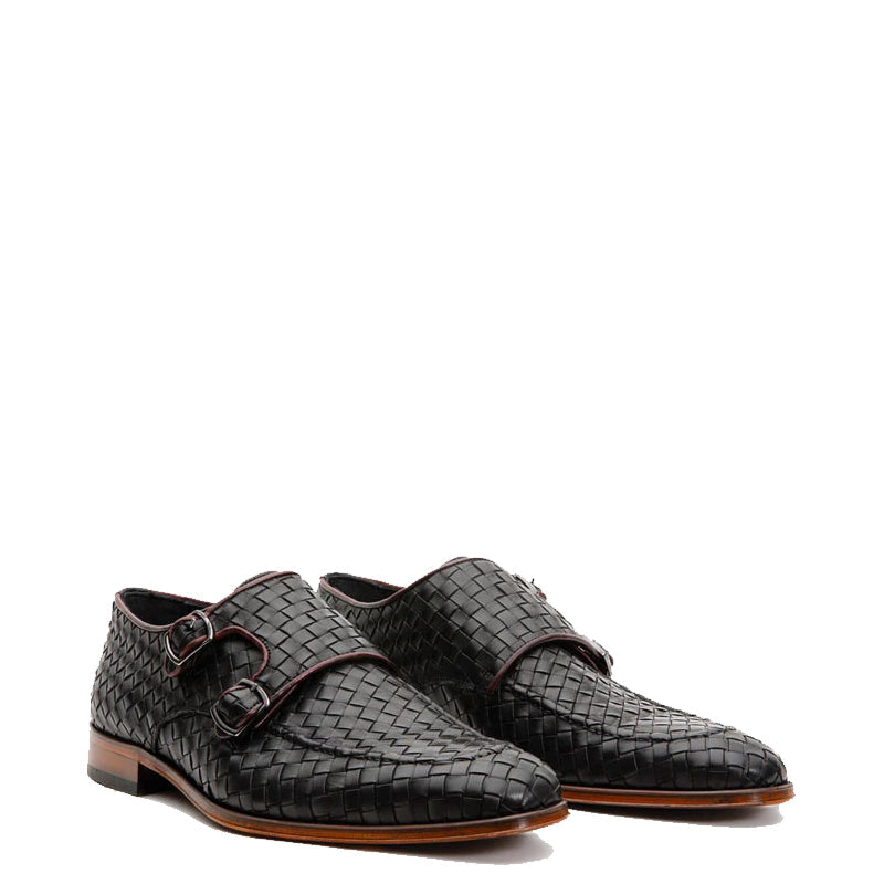 Black Woven Double Monk Strap Men s Shoes
