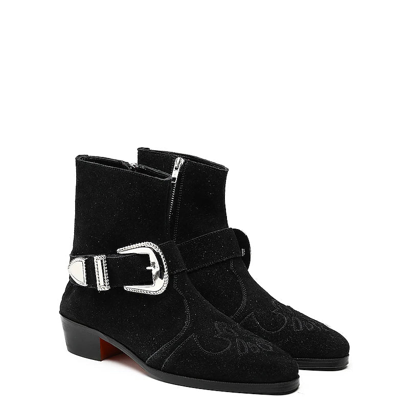 Luxury Suede Stylish Side Zipper Black Boot With Silver Buckle
