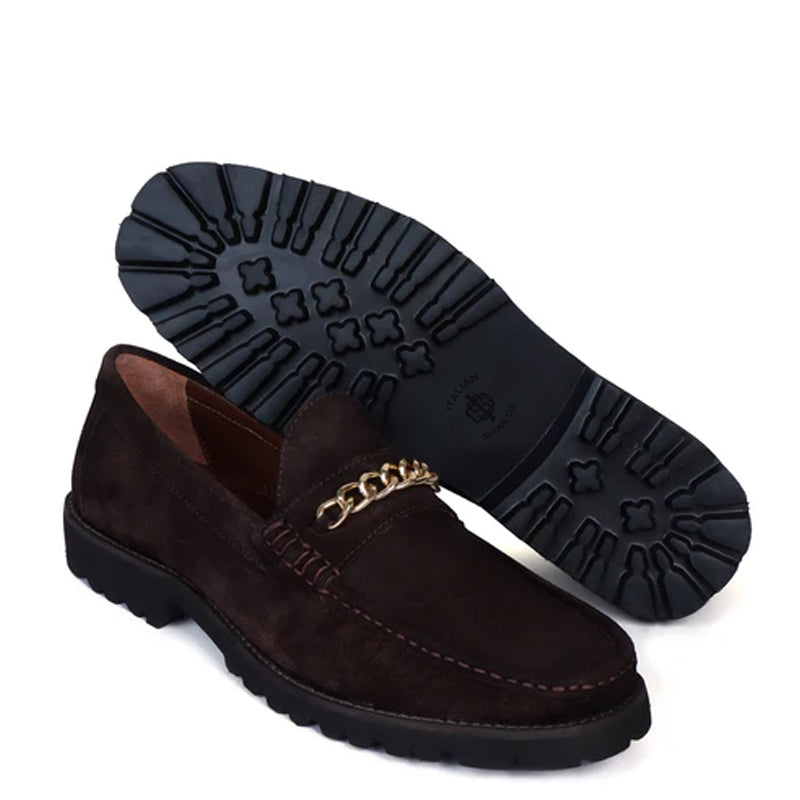 Suede Leather Loafers With Golden Black Chain