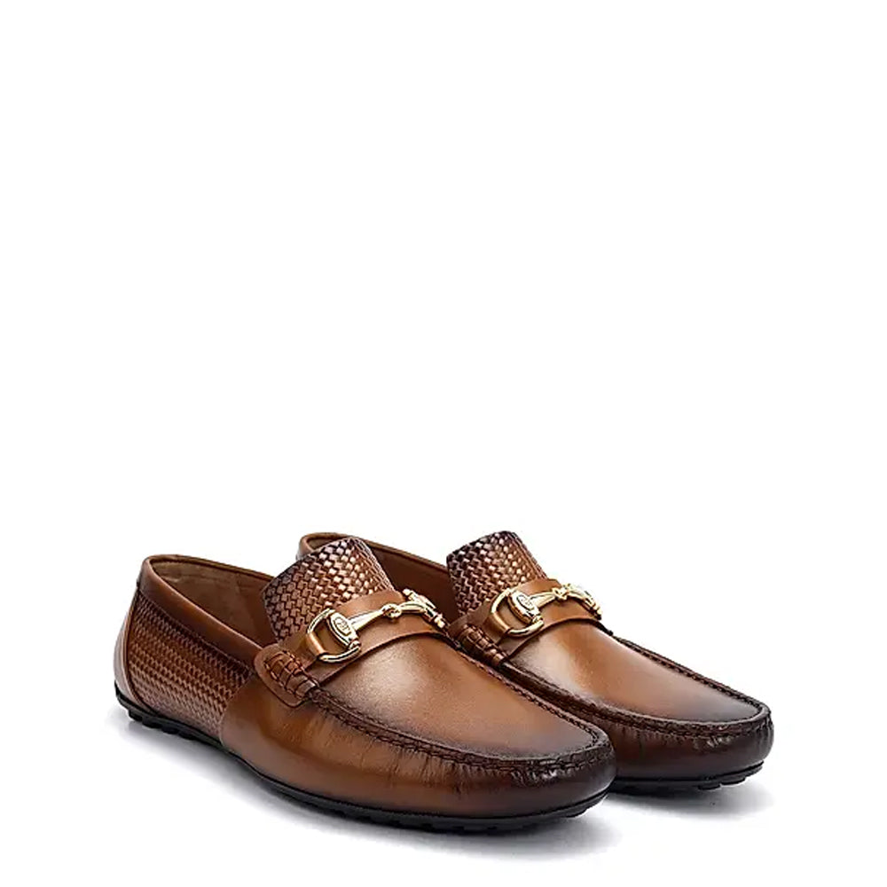 Men Round Toe Leather Moccasins Buckled Tan Loafer