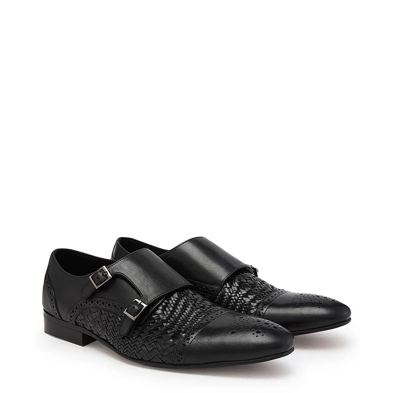 Men Woven Textured Leather Double Monk Shoe