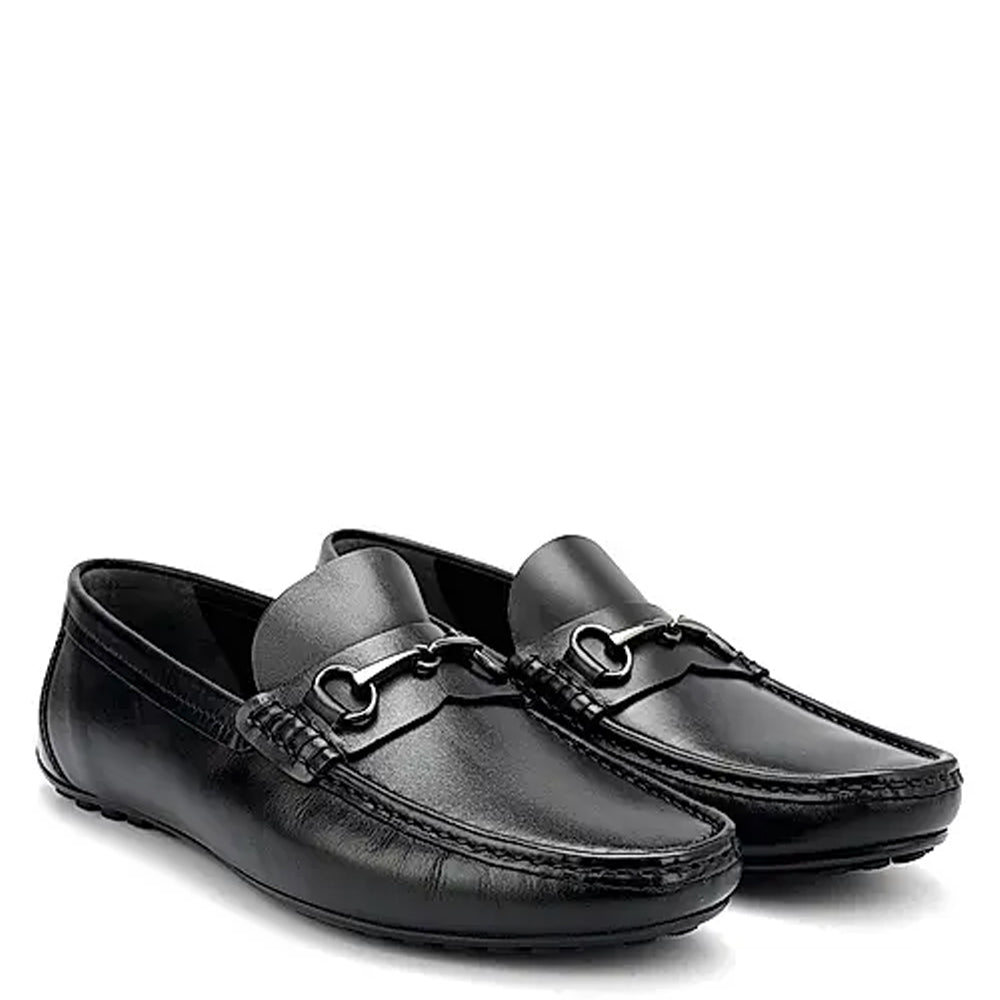 Men Solid Leather Buckled Formal Black Loafer