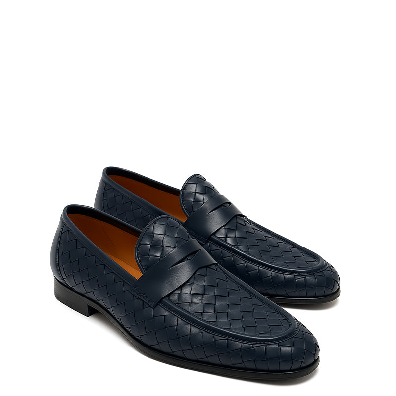 Blue Woven Texture Leather Loafer for Men