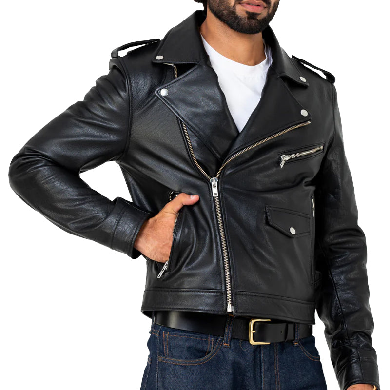 Men Solid Slim Fit Leather Biker Jacket