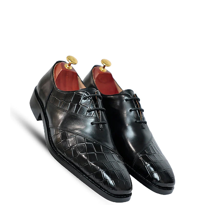 Croco Print Lace Up Wholecut Leather Oxford Shoes