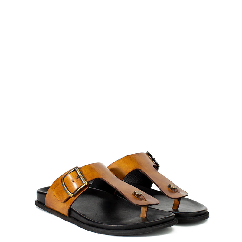 Men Slip On Leather Tan Buckle Sandal