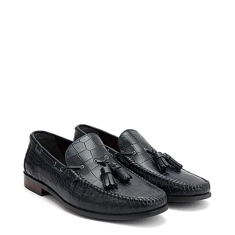 Crocodile Pattern Side Lacing Leather Tassel Loafer