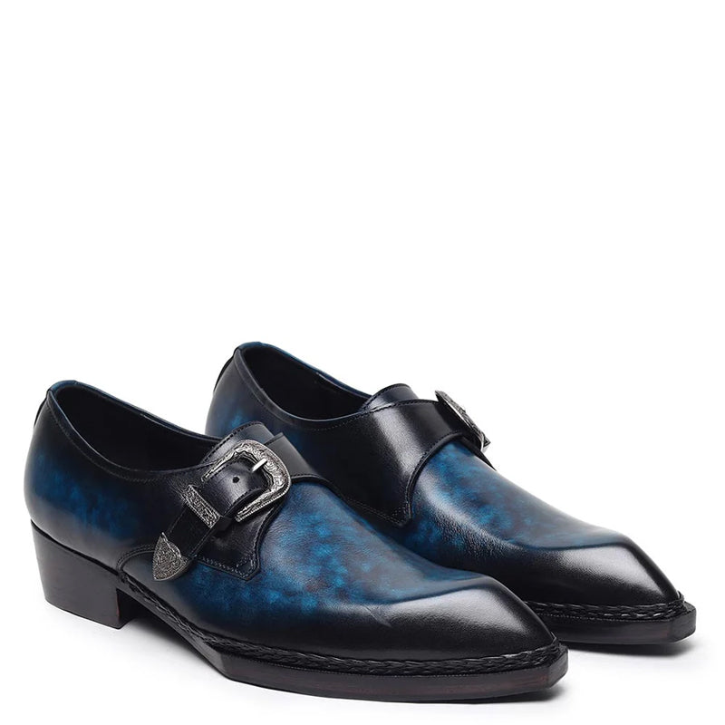 Plain Leather Single Monk Blue Shoe With Side Buckle